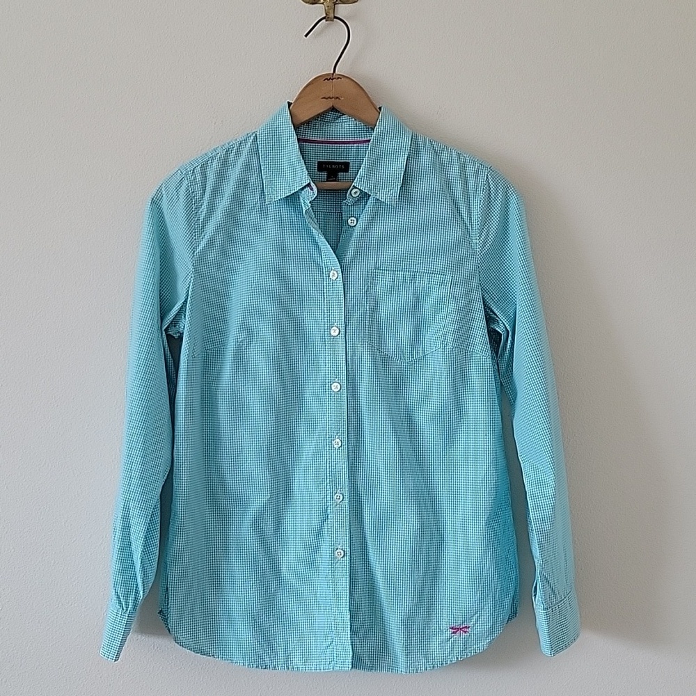 Talbots Turquoise Gingham Check Long Sleeve Button Down Size Small S